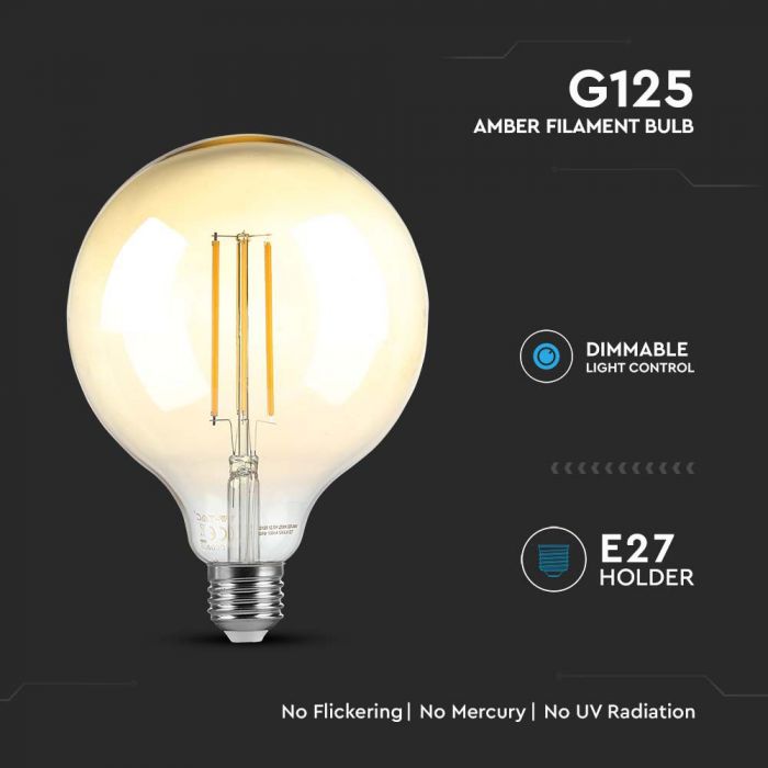 E27 8W(700Lm) LED Spuldze Filament Amber, stikla, G125, V-TAC, IP20, silti balta gaisma 2200K
