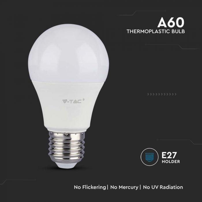 E27 10.5W(1055Lm) светодиодная лампа, A60, V-TAC, IP20, теплый белый свет 3000K
