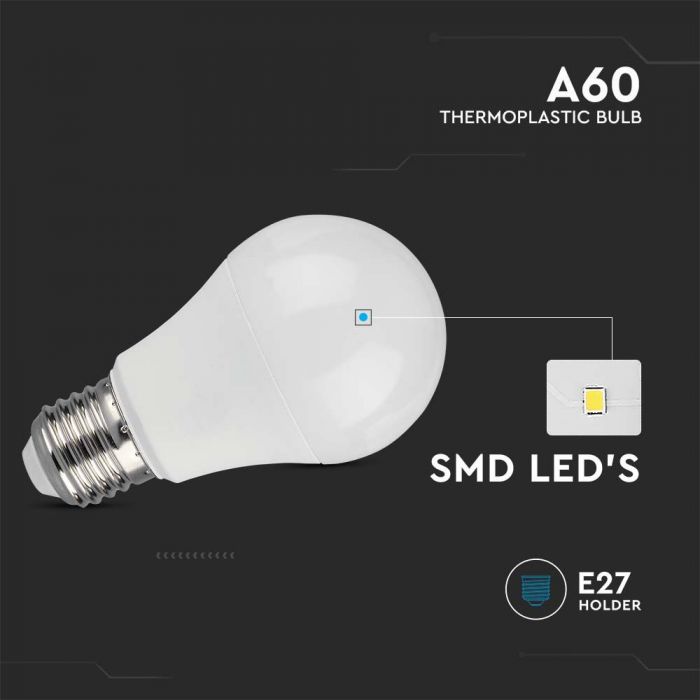 E27 10.5W(1055Lm) LED Spuldze, A60, V-TAC, auksti balta gaisma 6500K