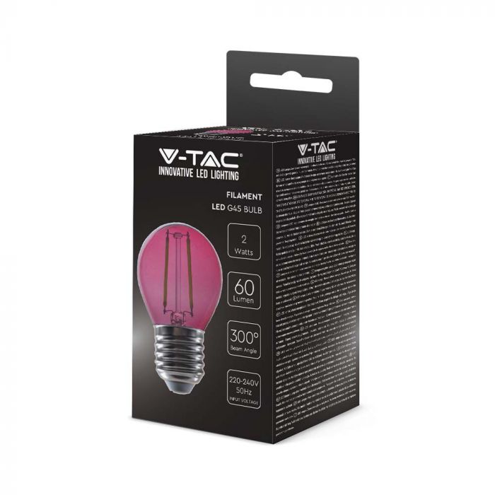 E27 2W(60Lm) LED Bulb Filament, pink, glass, G45, V-TAC, IP20
