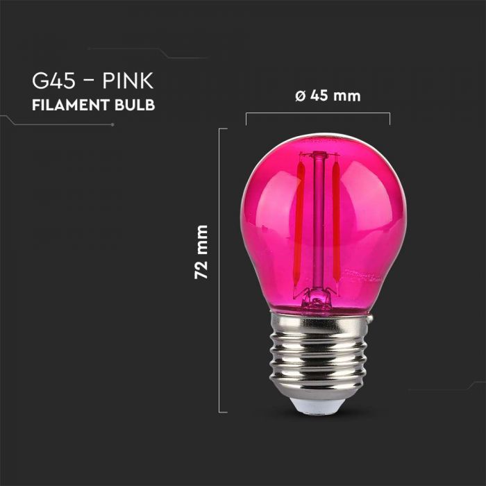 E27 2W(60Lm) LED-lambi hõõgniit, roosa, klaas, G45, V-TAC, IP20