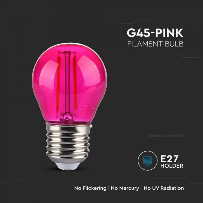 E27 2W(60Lm) LED Bulb Filament, pink, glass, G45, V-TAC, IP20