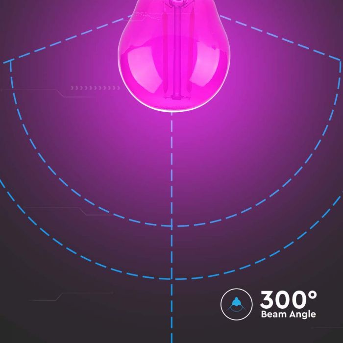 E27 2W(60Lm) LED-lambi hõõgniit, roosa, klaas, G45, V-TAC, IP20