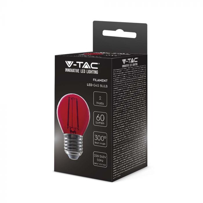 E27 2W(60Lm) LED Spuldze Filament, sarkana, stikls, G45, V-TAC, IP20