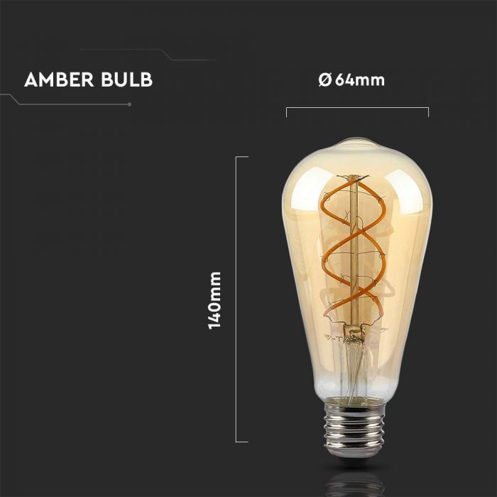 E27 5W(250Lm) LED-lambi hõõgniit, merevaigukollane, klaas, ST64, V-TAC, IP20, timmitav, soe valge 1800K