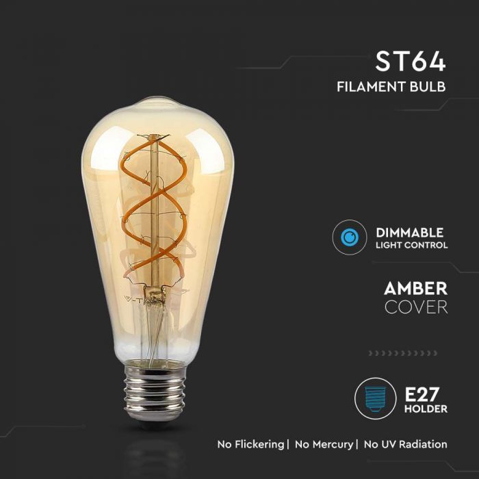 E27 5W(250Lm) LED Spuldze Filament, dzintara, stikls, ST64, V-TAC, IP20, dimmējama, silti balta gaisma 1800K