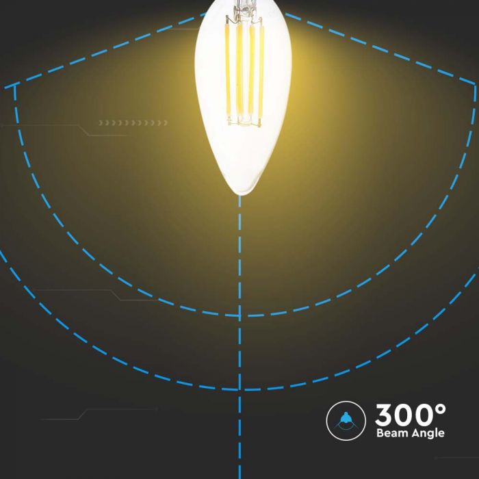 E27 6W(600Lm) LED Spuldze Filament sveces formas, stikla, V-TAC, IP20, auksti balta gaisma 6500K