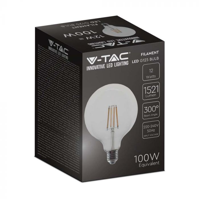 E27 12W(1521Lm) LED Bulb Filament, G125, glass, V-TAC, IP20, warm white light 3000K
