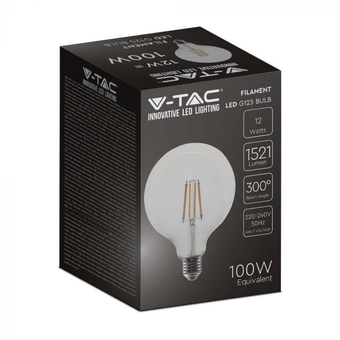 E27 12W(1521Lm) LED-lambi hõõgniit, G125, klaas, V-TAC, IP20, soe valge valgus 3000K