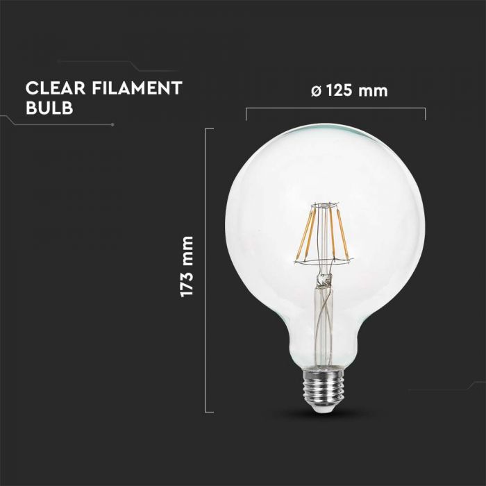 E27 12W(1521Lm) LED Bulb Filament, G125, glass, V-TAC, IP20, warm white light 3000K