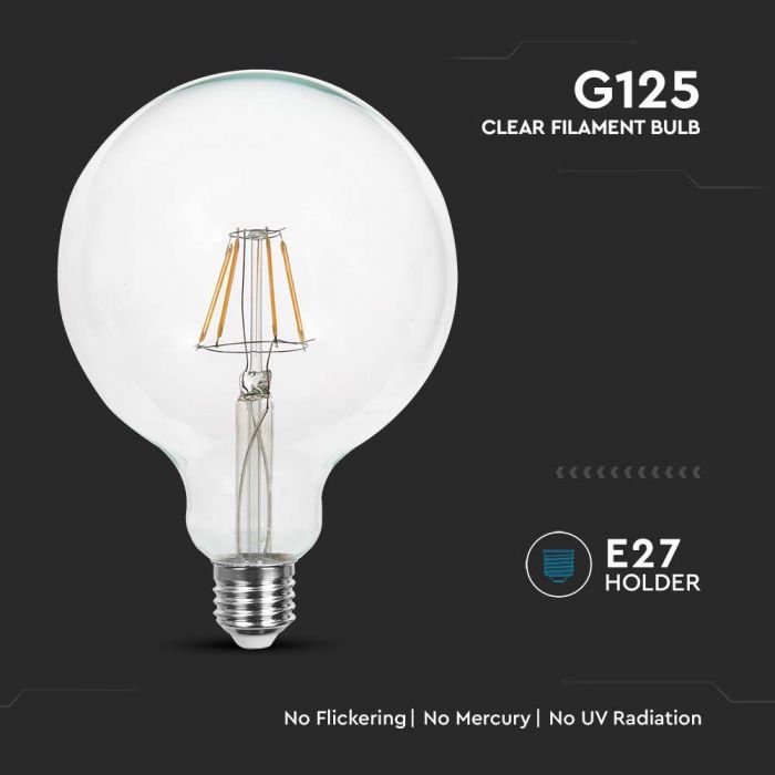 E27 12W(1521Lm) LED Bulb Filament, G125, glass, V-TAC, IP20, warm white light 3000K