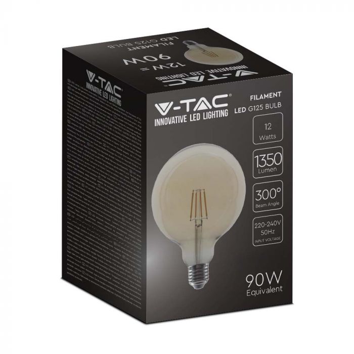 E27 12W(1350Lm) LED-lampa Filament, bärnstensfärgad, G125, glas, V-TAC, IP20, varmvitt ljus 2200K
