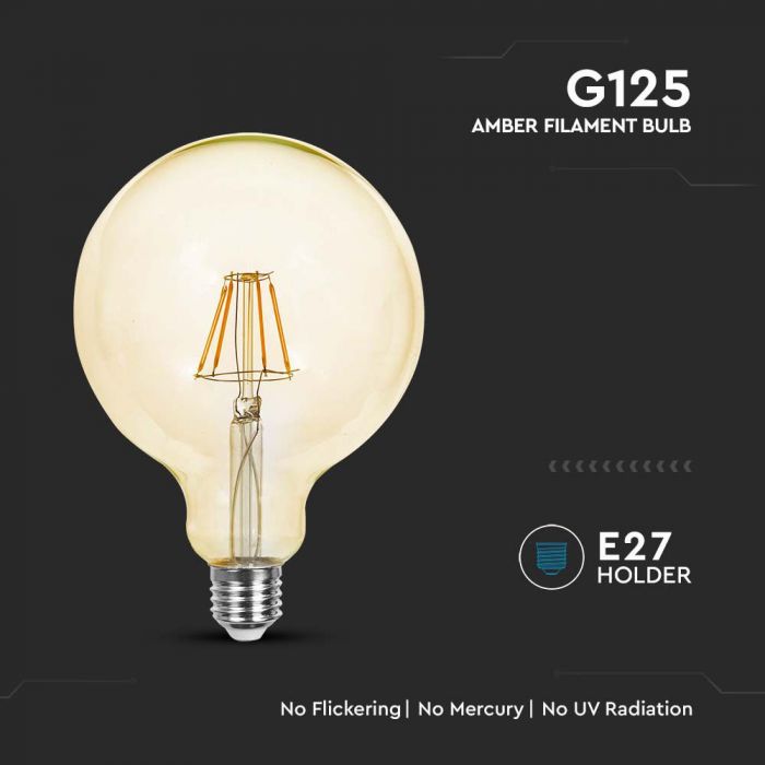 E27 12W(1350Lm) LED-lampa Filament, bärnstensfärgad, G125, glas, V-TAC, IP20, varmvitt ljus 2200K