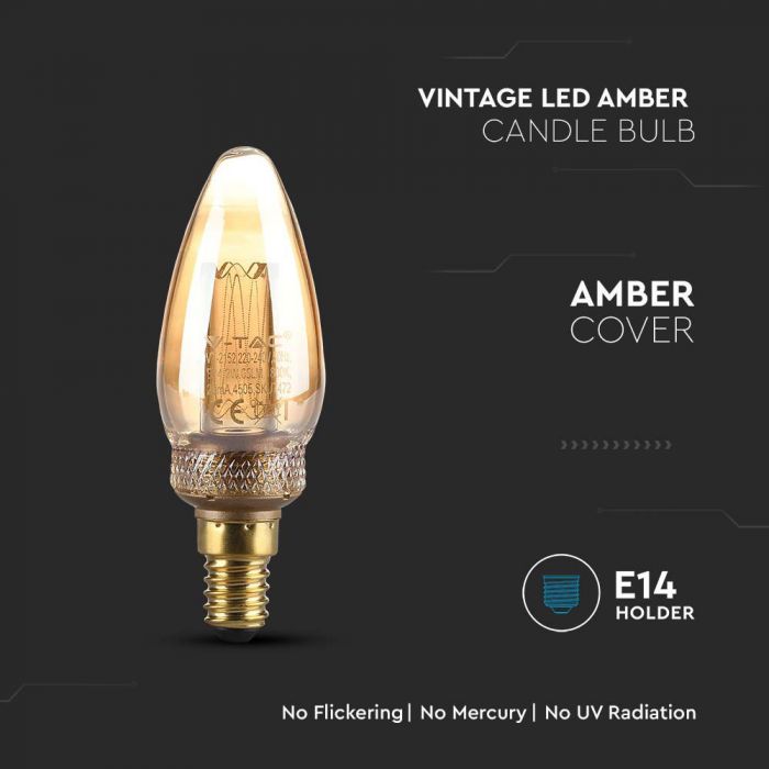 E14 2W(65Lm) LED Spuldze Filament Amber, stikls, V-TAC, IP20, silti balta gaisma 1800K