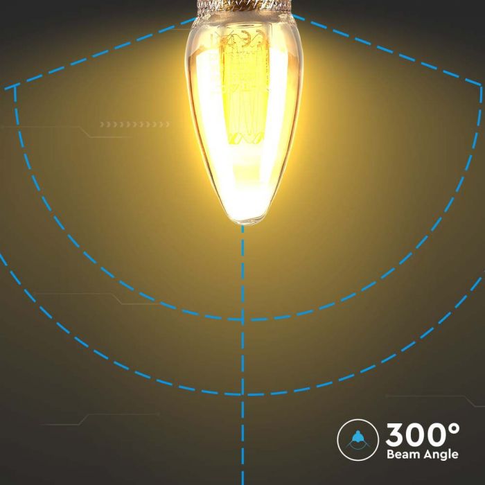 E14 2W(65Lm) LED Spuldze Filament Amber, stikls, V-TAC, IP20, silti balta gaisma 1800K