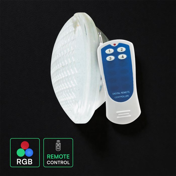 8W(800Lm) LED RGB baseina gaismeklis ar tālvadības pulti, V-TAC VT-1268, PAR56, SMD, IP68, balts, Ø178x110mm, 12V AC/DC, 120°, 100Lm/W, 2 gadu garantija, RGB gaisma