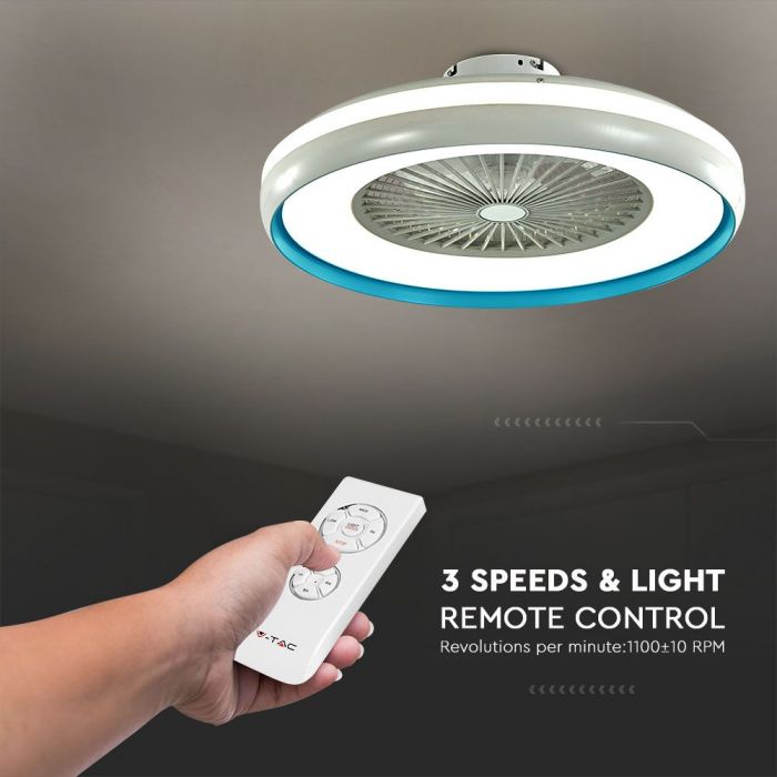 ДОСТАВКА В ТЕЧЕНИЕ 7 ДНЕЙ! Потолочный светодиодный светильник 45W(3000Lm) с вентилятором и пультом ДУ, двигатель AC, 3IN1, IP20, белый/синий, V-TAC