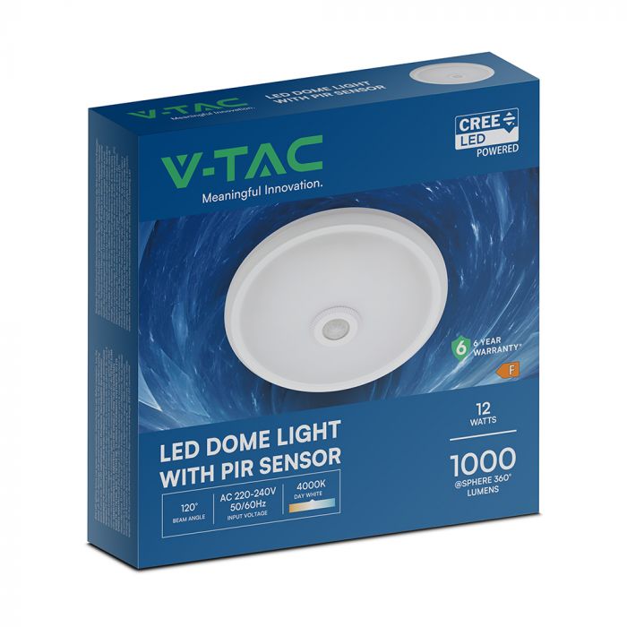 12W(1000Lm) LED CREE apaļš kupola gaismeklis ar PIR kustības sensoru, V-TAC, IP20, balts, neitrāli balta gaisma 4000K