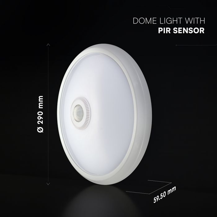 12W(1000Lm) LED CREE apaļš kupola gaismeklis ar PIR kustības sensoru, V-TAC, IP20, balts, neitrāli balta gaisma 4000K
