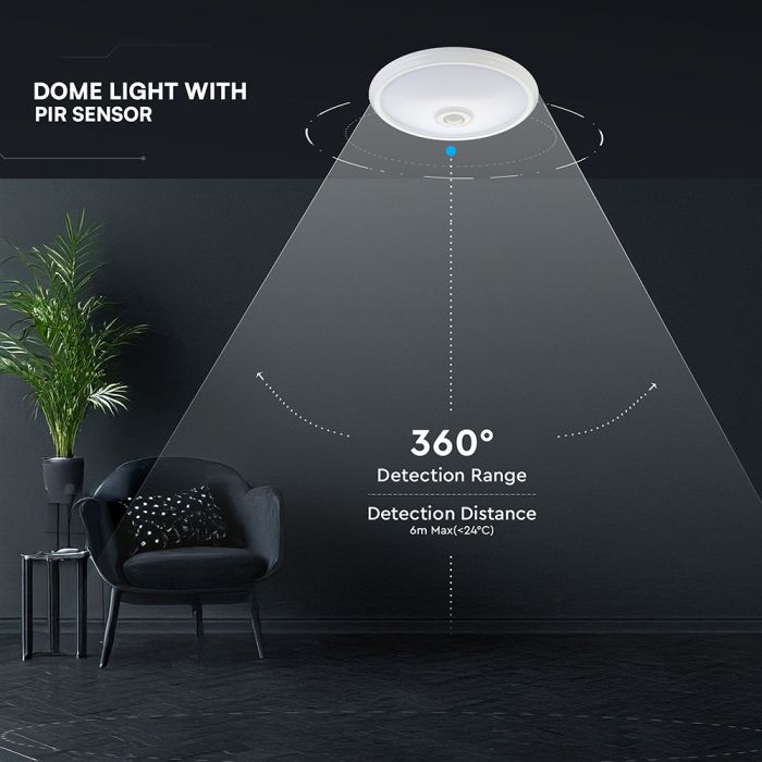12W(1000Lm) LED CREE apaļš kupola gaismeklis ar PIR kustības sensoru, V-TAC, IP20, balts, neitrāli balta gaisma 4000K