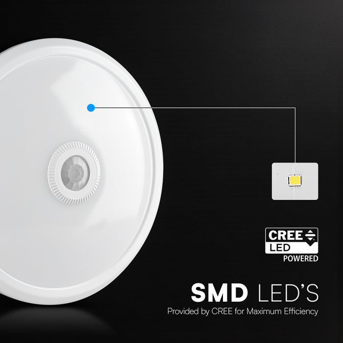 12W(1000Lm) LED CREE apaļš kupola gaismeklis ar PIR kustības sensoru, V-TAC, IP20, balts, neitrāli balta gaisma 4000K