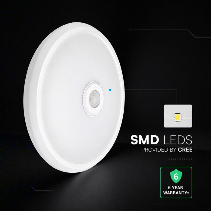 12W(1000Lm) LED kupolveida griestu gaismeklis ar PIR sensoru, V-TAC VT-13, CREE SMD, 85Lm/W, IP20, IK06, balts, Ø290x59,5mm, 120°, 6 gadu garantija, auksti balta gaisma 6400K