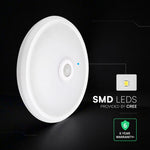 12W(1000Lm) LED kupolveida griestu gaismeklis ar PIR sensoru, V-TAC VT-13, CREE SMD, 85Lm/W, IP20, IK06, balts, Ø290x59,5mm, 120°, 6 gadu garantija, auksti balta gaisma 6400K