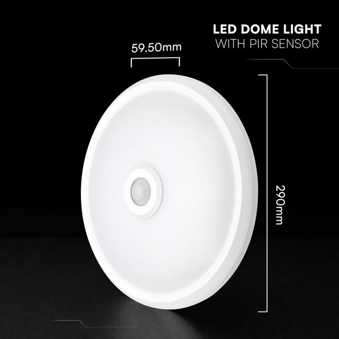 12W(1000Lm) LED kupolveida griestu gaismeklis ar PIR sensoru, V-TAC VT-13, CREE SMD, 85Lm/W, IP20, IK06, balts, Ø290x59,5mm, 120°, 6 gadu garantija, auksti balta gaisma 6400K