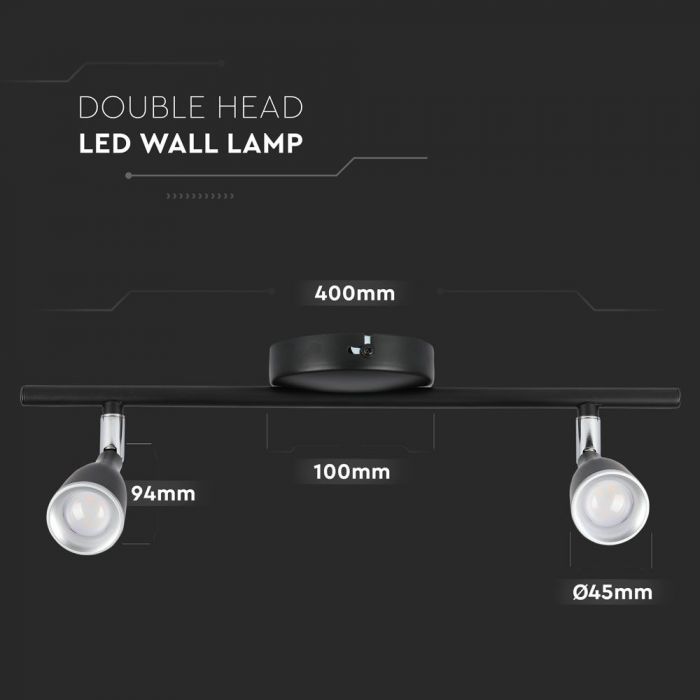 9W(840Lm) LED seinavalgusti, V-TAC, IP20, must, neutraalne valge 4000K
