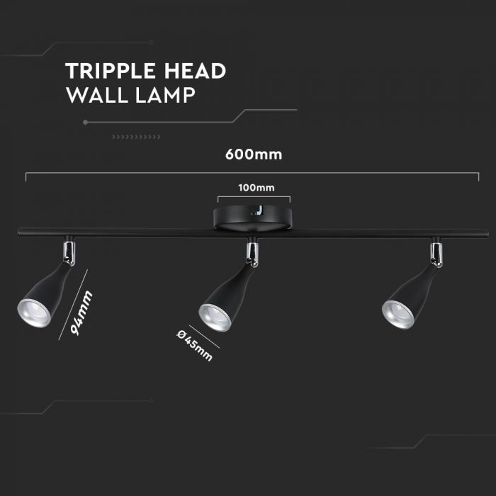 13,5W(1260Lm) LED seinavalgusti, V-TAC, IP20, must, neutraalne valge 4000K