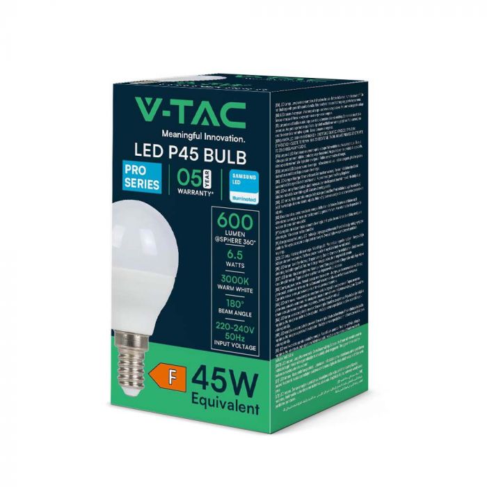 E14 6.5W(600Lm) LED spuldze sveces formas, V-TAC SAMSUNG, IP20, P45,  auksti balta gaisma 6500K