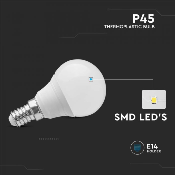 E14 6.5W(600Lm) LED Spuldze, V-TAC SAMSUNG, P45, IP20, garantija 5 gadi, silti balta gaisma 30000K