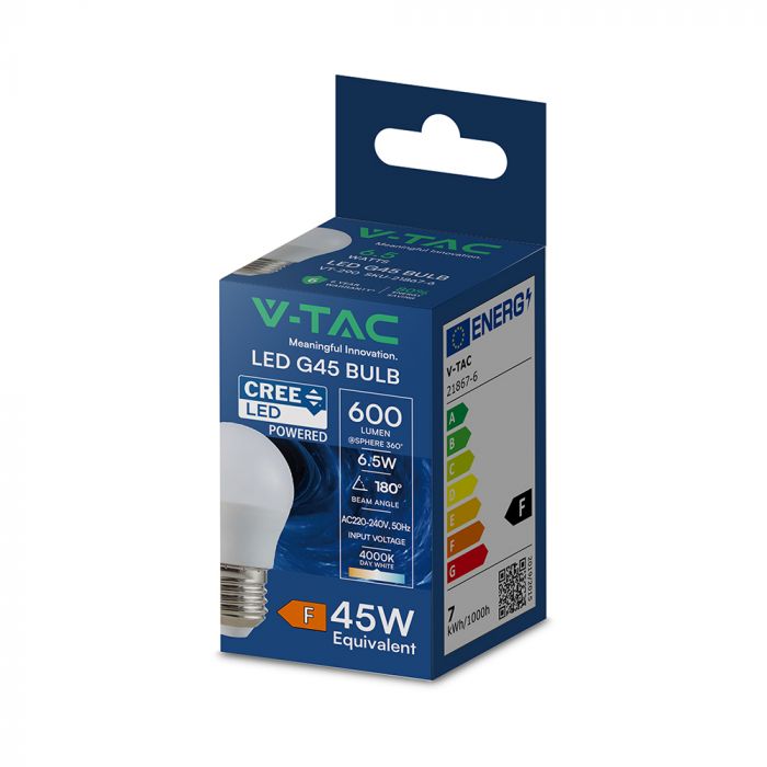 E27 6.5W(600Lm) LED Spuldze, V-TAC, IP20, G45, neitrāli balta gaisma 4000K