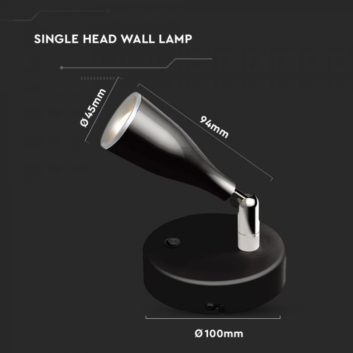 4.5W(420Lm) LED Wall lamp, with switch, V-TAC, IP20, black, warm white light 3000K