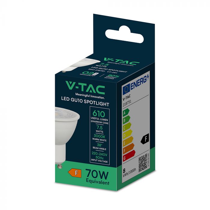 GU10 7.5W(610Lm) LED Spuldze, V-TAC, IP20, neitrāli balta gaisma 3000K