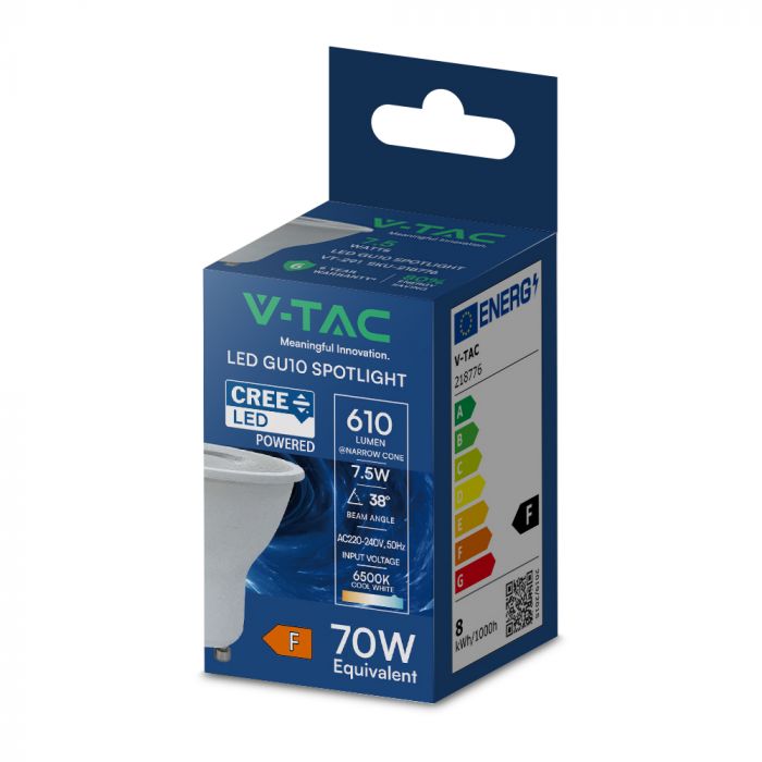 GU10 7.5W(610Lm) LED Spuldze, V-TAC, IP20, auksti balta gaisma 6500K