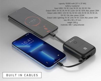 Swissten Power Bank Ārējas uzlādes baterija ar USB-C un Lightning Kabeli 10 000 mAh 22.5W