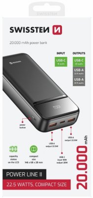 Swissten Power Line II Power Bank External Charging Battery 20000 mAh