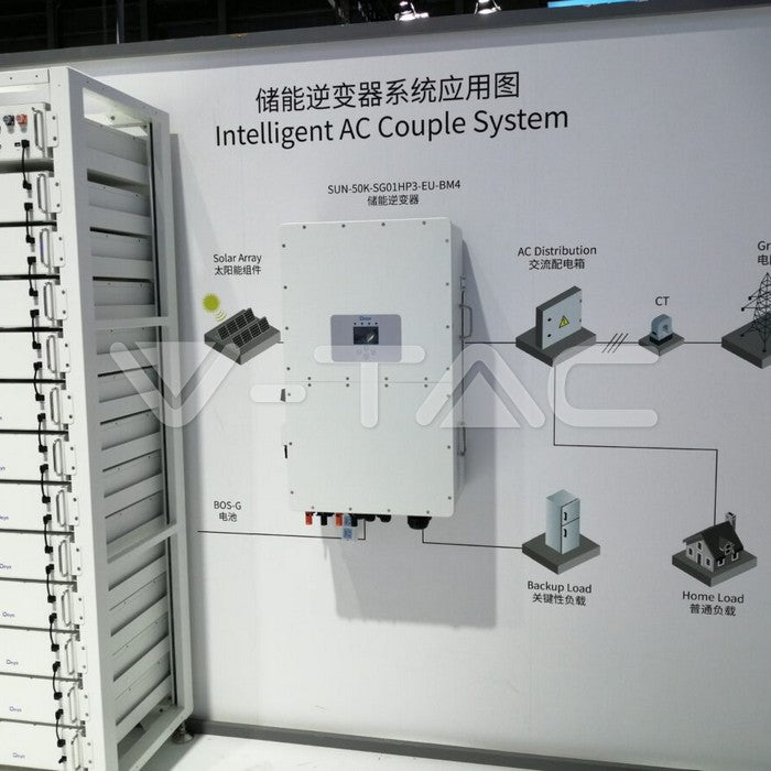 50 kW hibrīdais invertors ar 60 kWh akumulatoru, IP20 aizsardzības klase, paredzēts iekštelpu uzstādīšanai