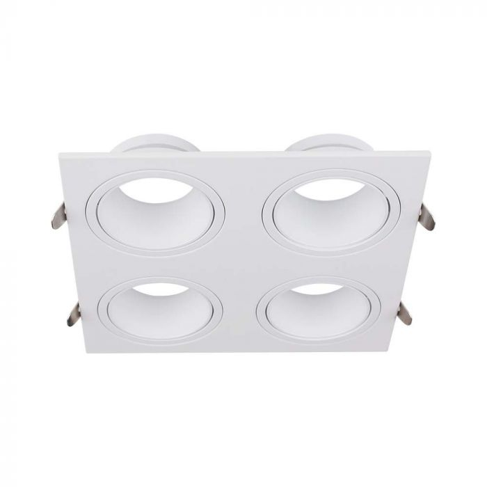GU10 infälld ram/armatur för 4 glödlampor, kvadratisk form, justerbar ljusriktning, 175X175x31mm, infälld. storlek 165x160mm, vit, V-TAC
