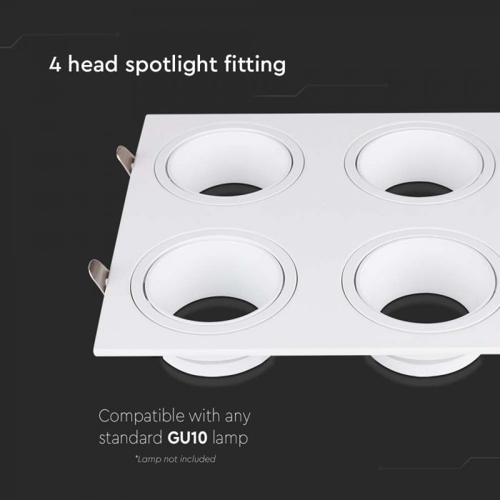 GU10 infälld ram/armatur för 4 glödlampor, kvadratisk form, justerbar ljusriktning, 175X175x31mm, infälld. storlek 165x160mm, vit, V-TAC