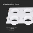 GU10 infälld ram/armatur för 4 glödlampor, kvadratisk form, justerbar ljusriktning, 175X175x31mm, infälld. storlek 165x160mm, vit, V-TAC