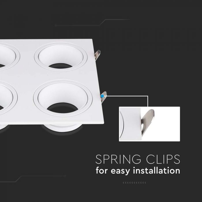 GU10 infälld ram/armatur för 4 glödlampor, kvadratisk form, justerbar ljusriktning, 175X175x31mm, infälld. storlek 165x160mm, vit, V-TAC