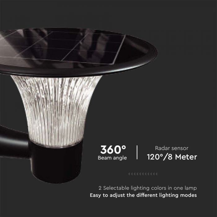 15W(1900Lm) 84 LED saules gaismeklis, V-TAC, IP65,  3.2V LifePO4 6000mAh Battery, melns, 6000K+4000K