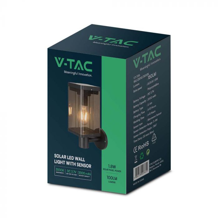 2.5W(150Lm) LED solārais sienas un fasādes gaismeklis ar E27 spuldzi, IP54, silti balta gaisma 3000K