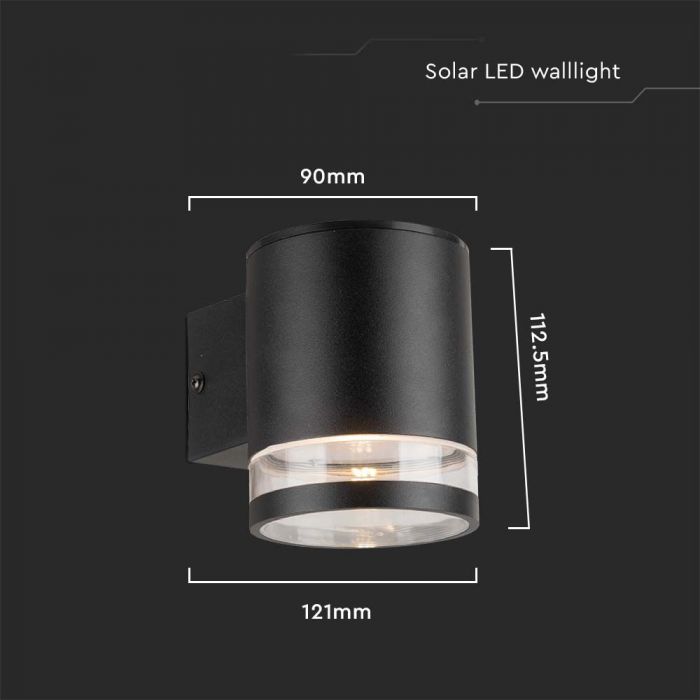 0.55W(70Lm) LED solar facade light, IP44, V-TAC, black, 121x90x112.5mm, warm white light 3000K