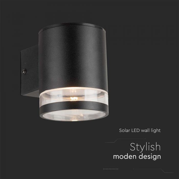 0.55W(70Lm) LED solārais fasādes gaismeklis, IP44, V-TAC, melns,  121x90x112.5mm, silti balta gaisma 3000K
