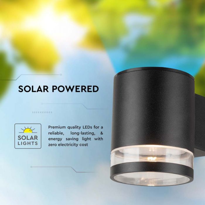 0.55W(70Lm) LED solārais fasādes gaismeklis, IP44, V-TAC, melns,  121x90x112.5mm, silti balta gaisma 3000K