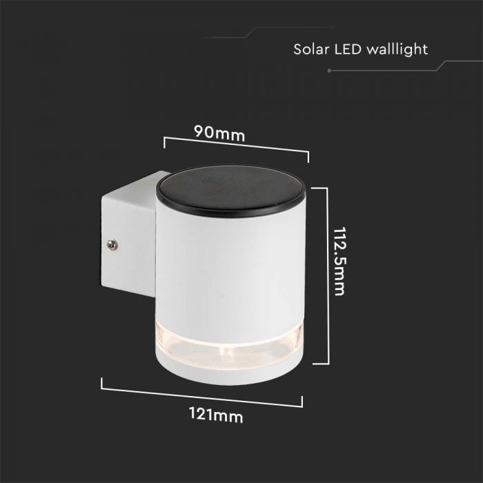 0.55W(70Lm) LED solārais fasādes gaismeklis, IP54, V-TAC, balts, 121x90x112.5mm, silti balta gaisma 3000K