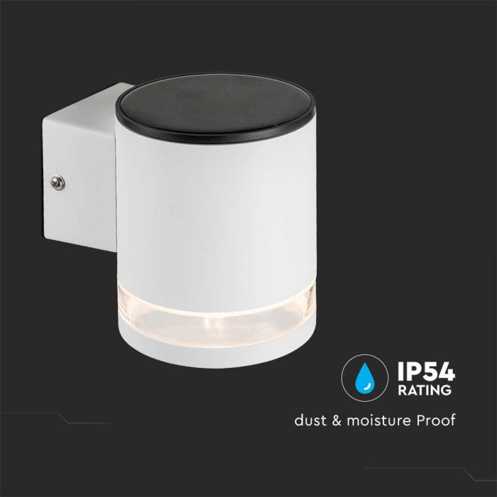 0.55W(70Lm) LED solārais fasādes gaismeklis, IP54, V-TAC, balts, 121x90x112.5mm, silti balta gaisma 3000K